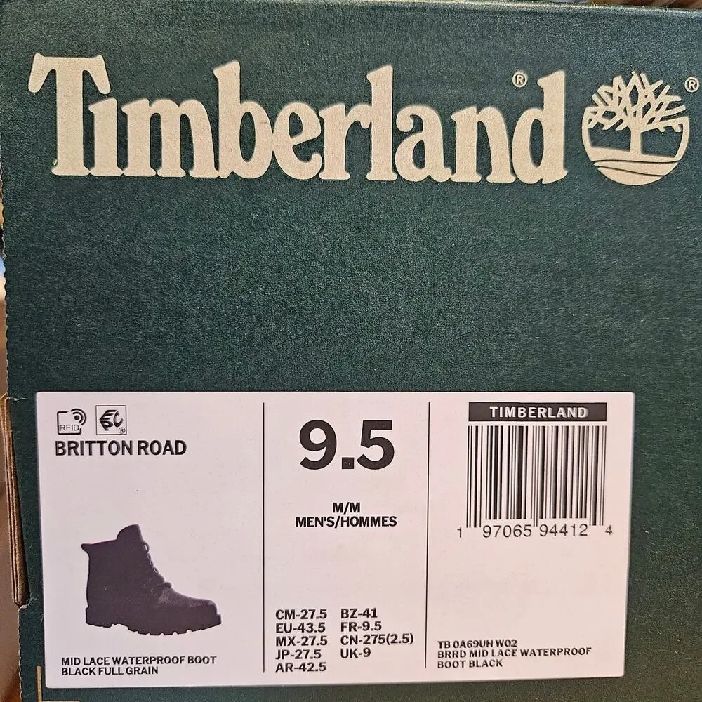 TIMBERLAND MEN'S 9.5 BRITTON ROAD MID LACE UP WATERPROOF FULL GRAIN BOOT BLK NIB